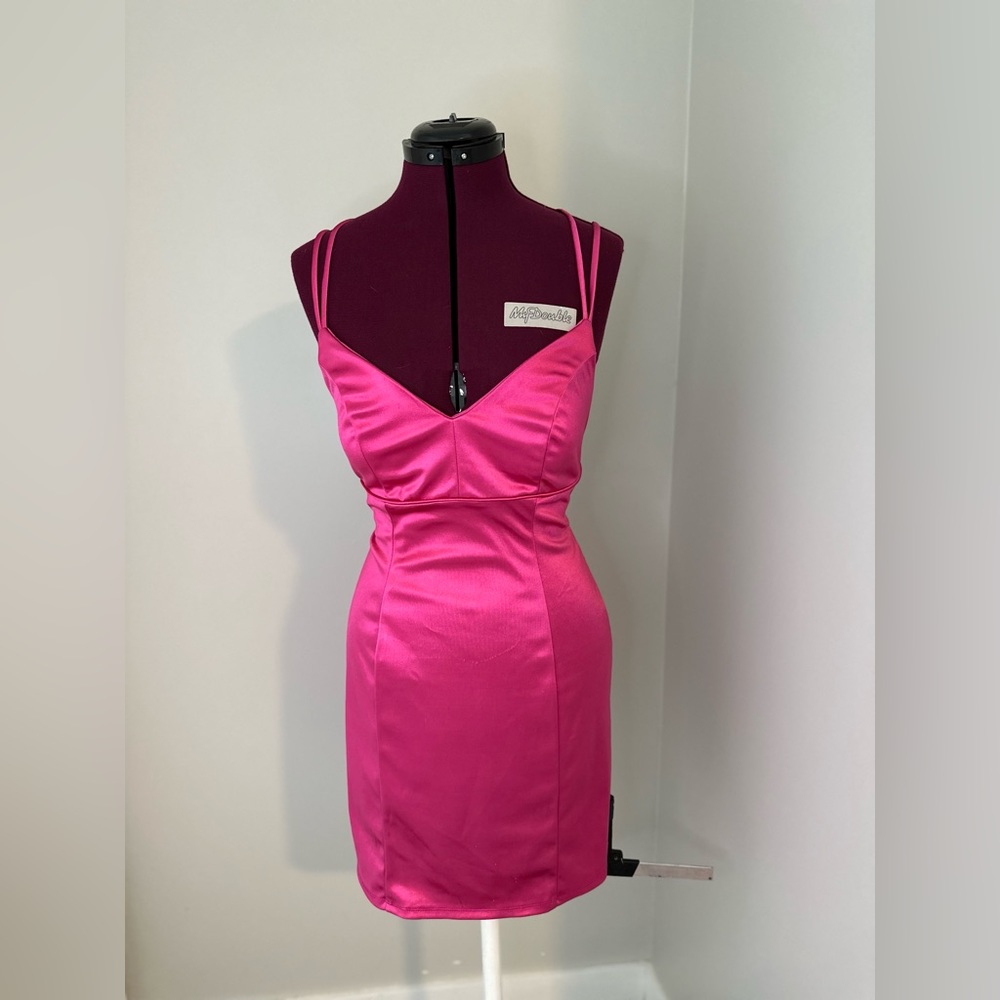BRIGHT PINK SATIN LACE UP BACK MINI DRESS
